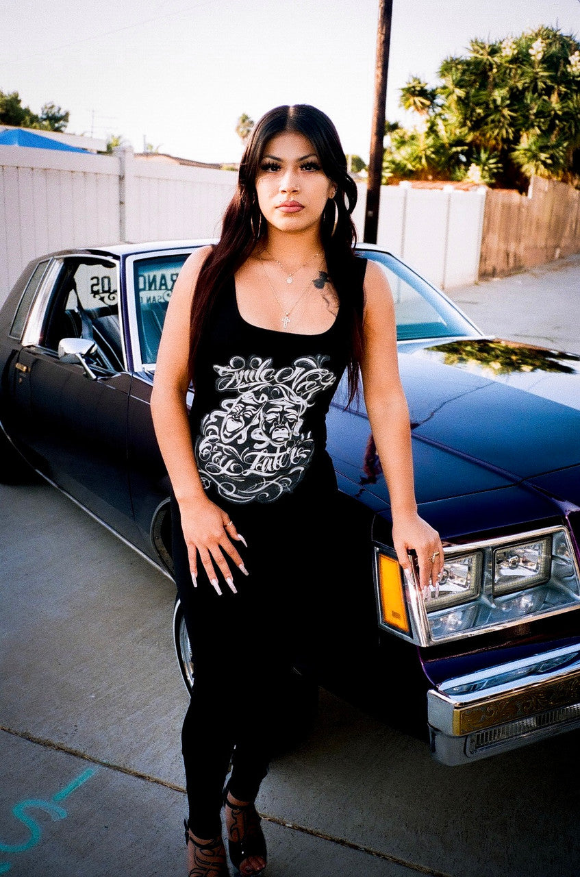 LIMITED EDITION 'SMILE NOW, CRY LATER' AIRBRUSHED TANK TOP ONE PIECE CATSUIT FULL LENGTH (Black/White)