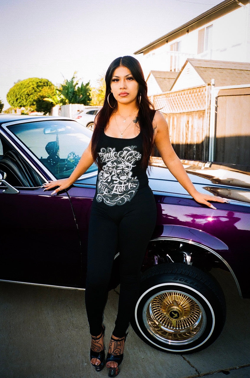 LIMITED EDITION 'SMILE NOW, CRY LATER' AIRBRUSHED TANK TOP ONE PIECE CATSUIT FULL LENGTH (Black/White)