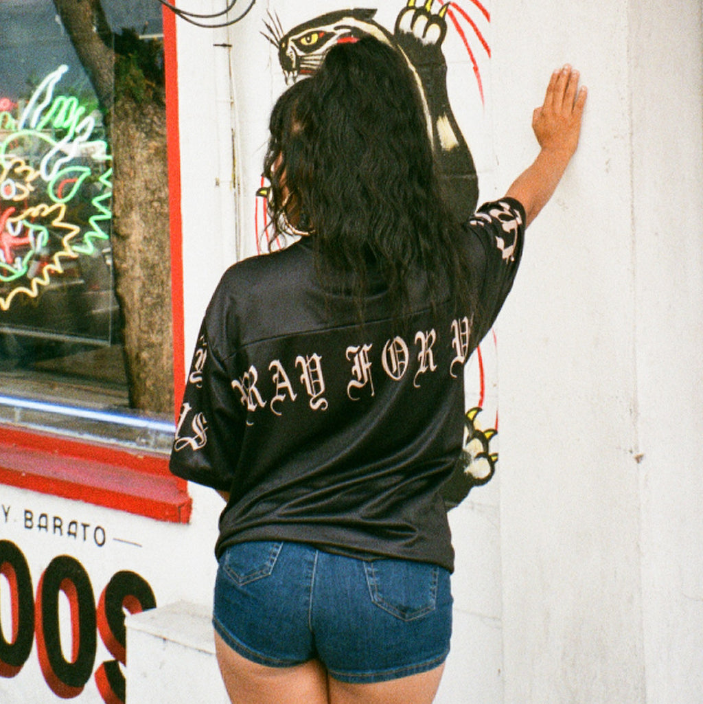 OUR LADY OF PRAYERS & PROTECTION' Airbrushed Cut & Sew Football Jersey (Black/Brown)
