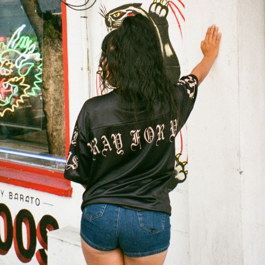 OUR LADY OF PRAYERS & PROTECTION' Airbrushed Cut & Sew Football Jersey (Black/Brown)