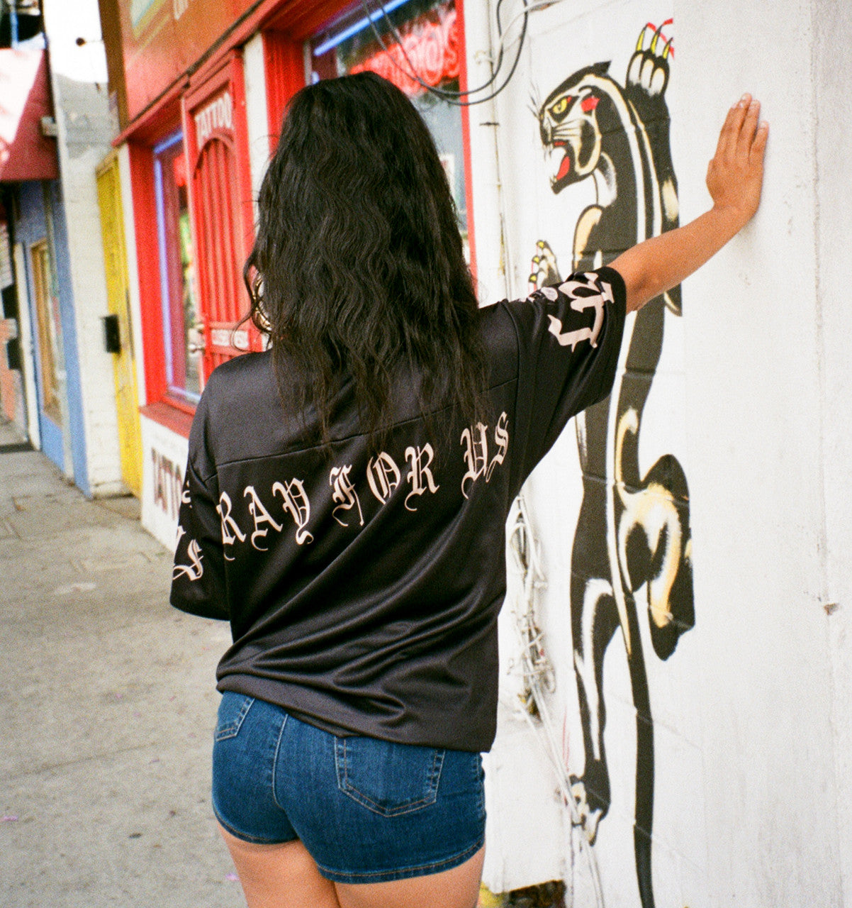 OUR LADY OF PRAYERS & PROTECTION' Airbrushed Cut & Sew Football Jersey (Black/Brown)