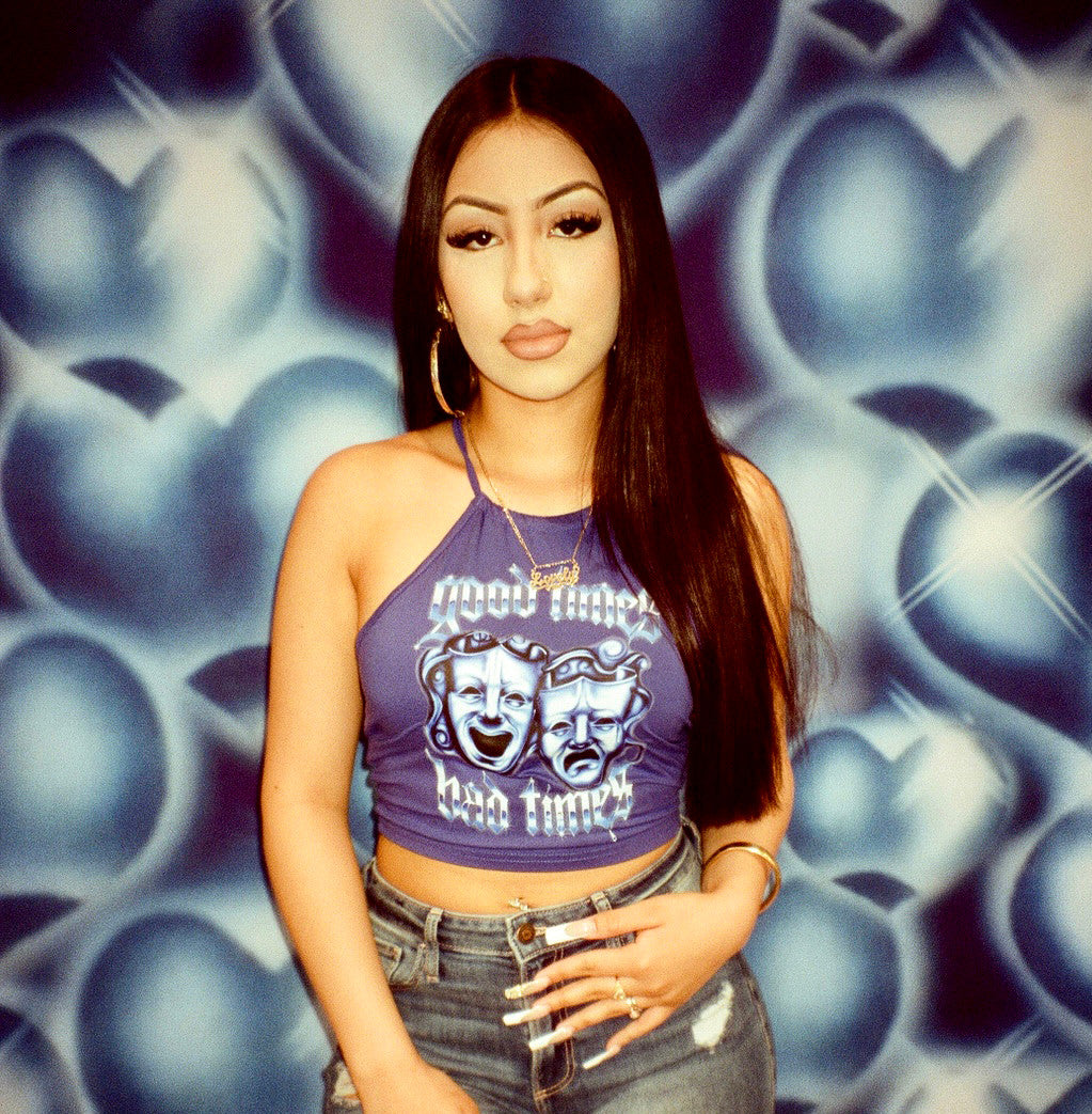 LIMITED EDITION 'HIGHS & LOWS' Airbrushed Criss Cross Back Halter Top (Navy)