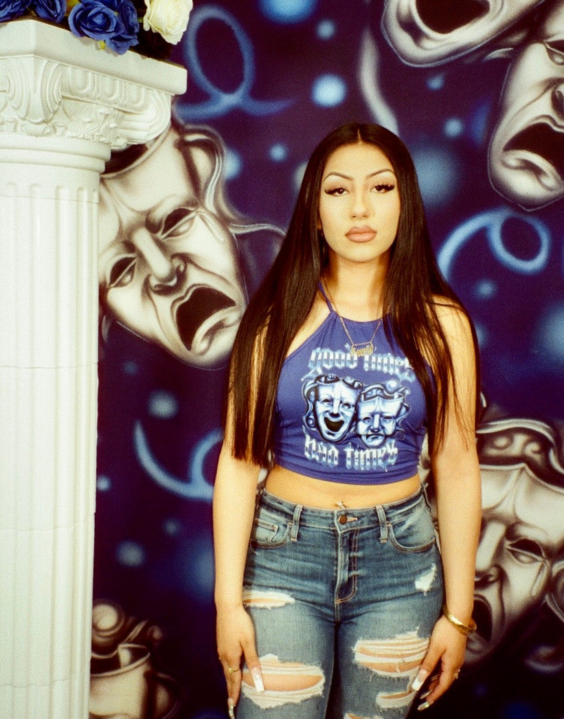 LIMITED EDITION 'HIGHS & LOWS' Airbrushed Criss Cross Back Halter Top (Navy)