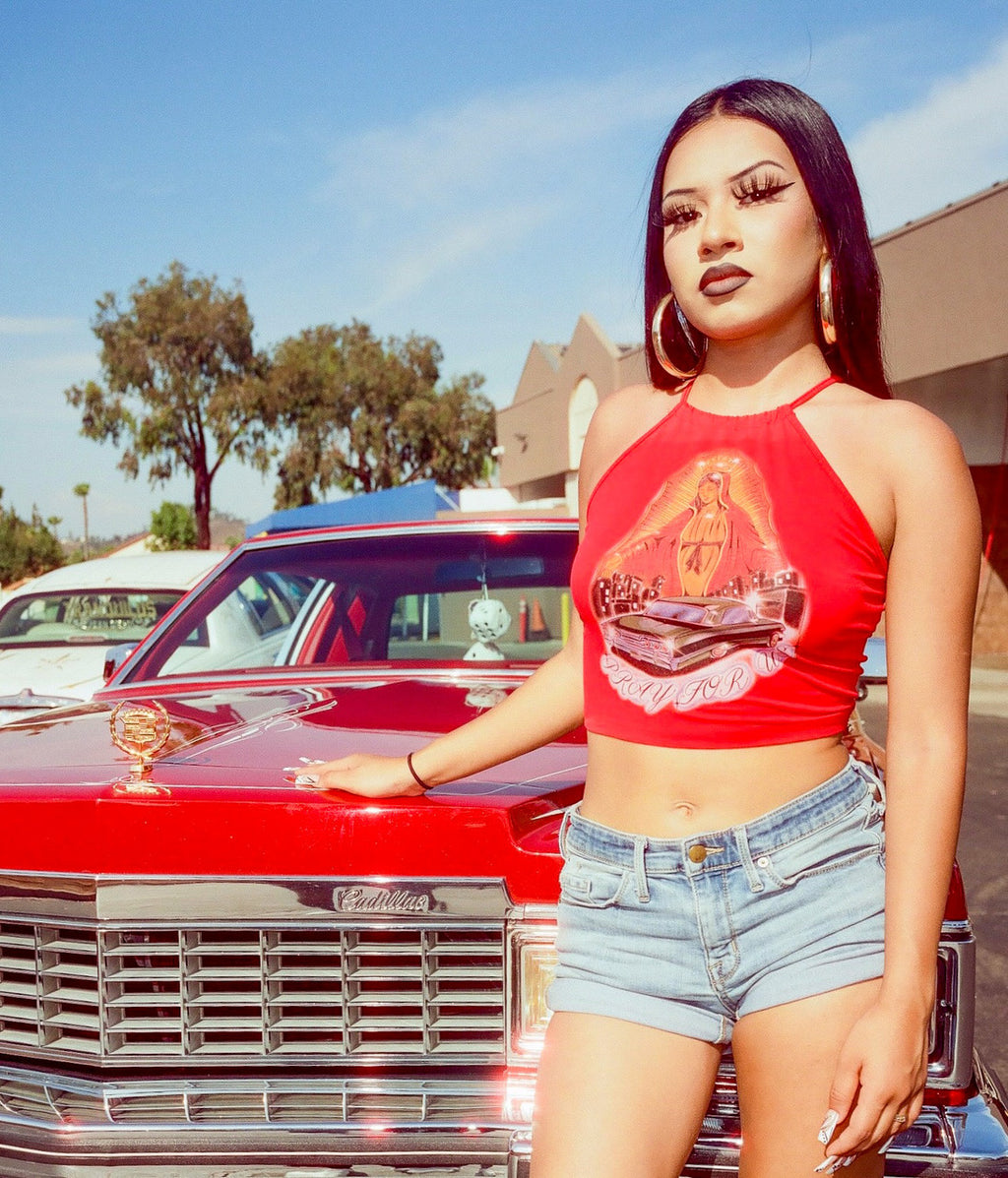 LIMITED EDITION 'PRAY FOR US' Criss Cross Back Halter Top (Red)