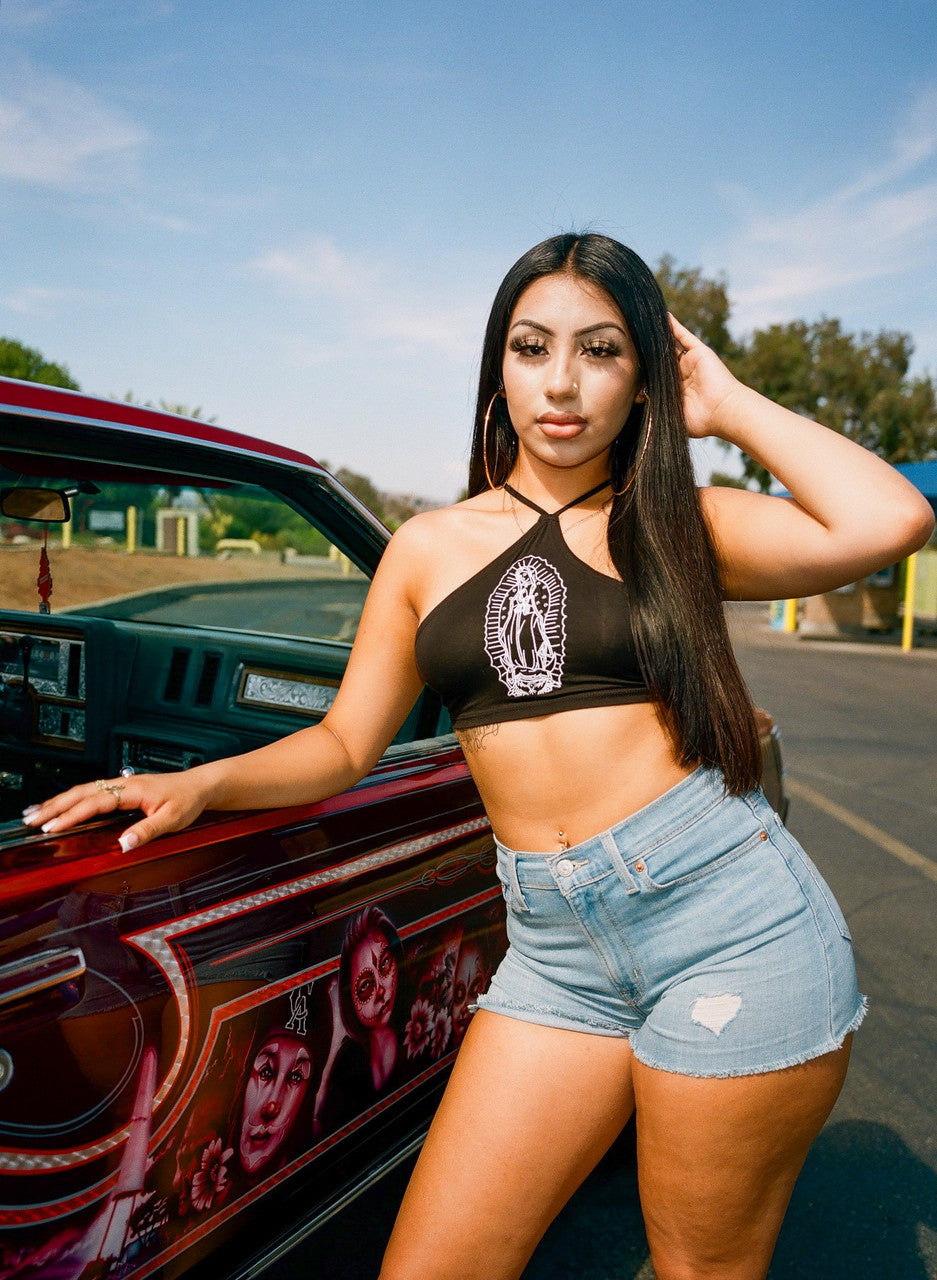 Virgencita Embroidered Blackless Halter Crop Tank