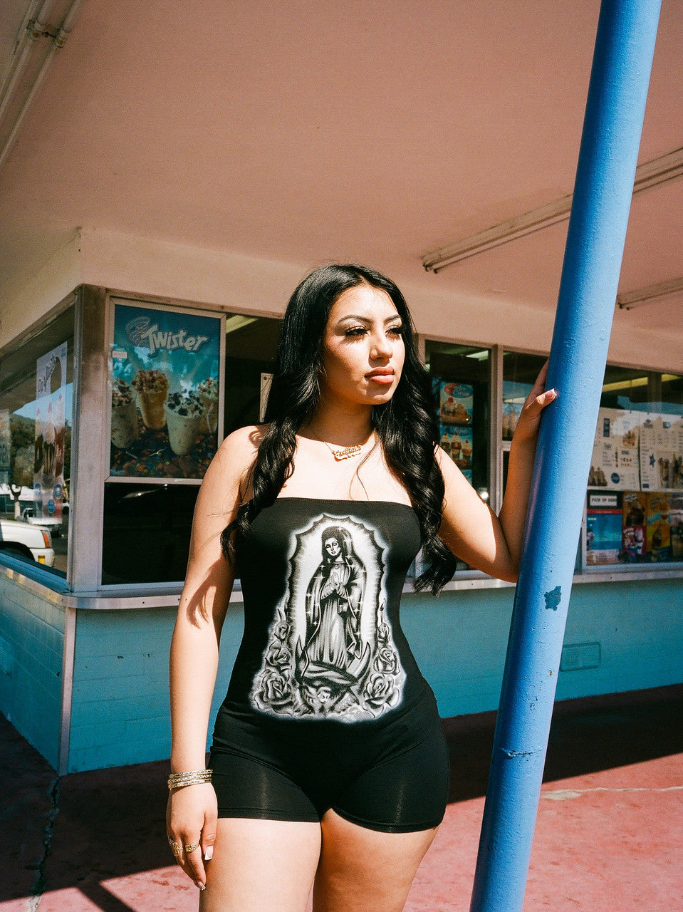 LIMITED EDITION 'OUR LADY' AIRBRUSH ONE PIECE TUBE TOP ROMPER (Black)