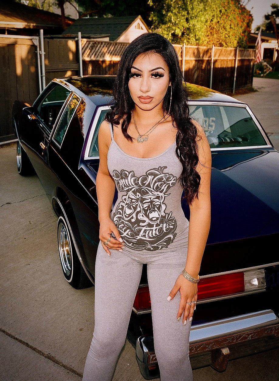 LIMITED EDITION 'SMILE NOW, CRY LATER' AIRBRUSHED TANK TOP ONE PIECE JUMPSUIT FULL LENGTH (GREY)