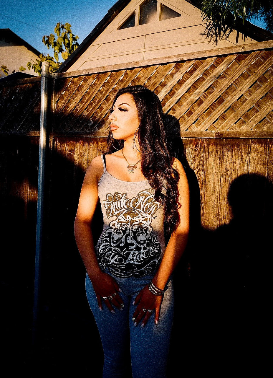 LIMITED EDITION 'SMILE NOW, CRY LATER' AIRBRUSHED TANK TOP ONE PIECE JUMPSUIT FULL LENGTH (GREY)