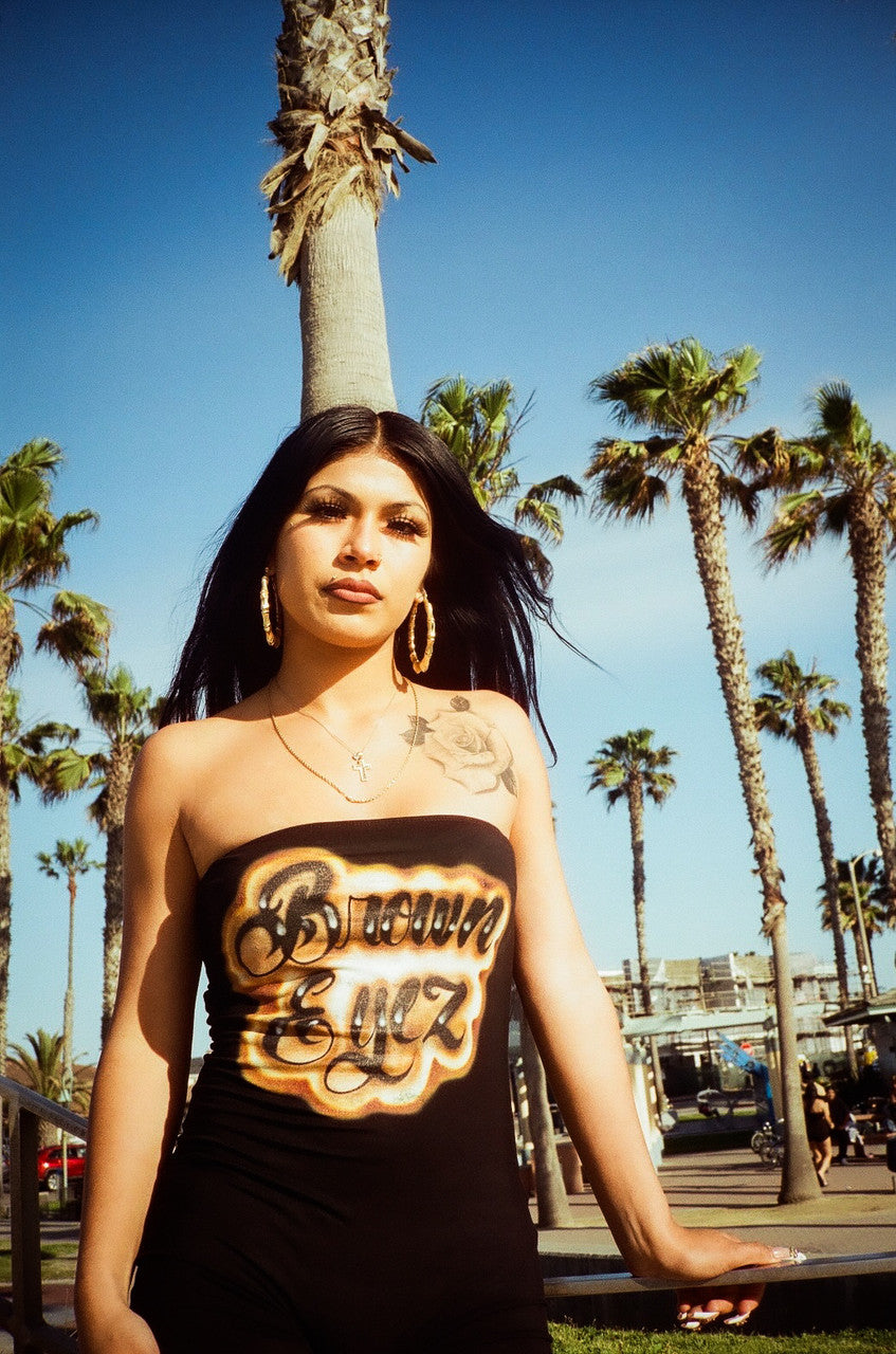 LIMITED EDITION 'BROWN EYEZ' AIRBRUSHED ONE PIECE TUBE TOP ROMPER (Black)