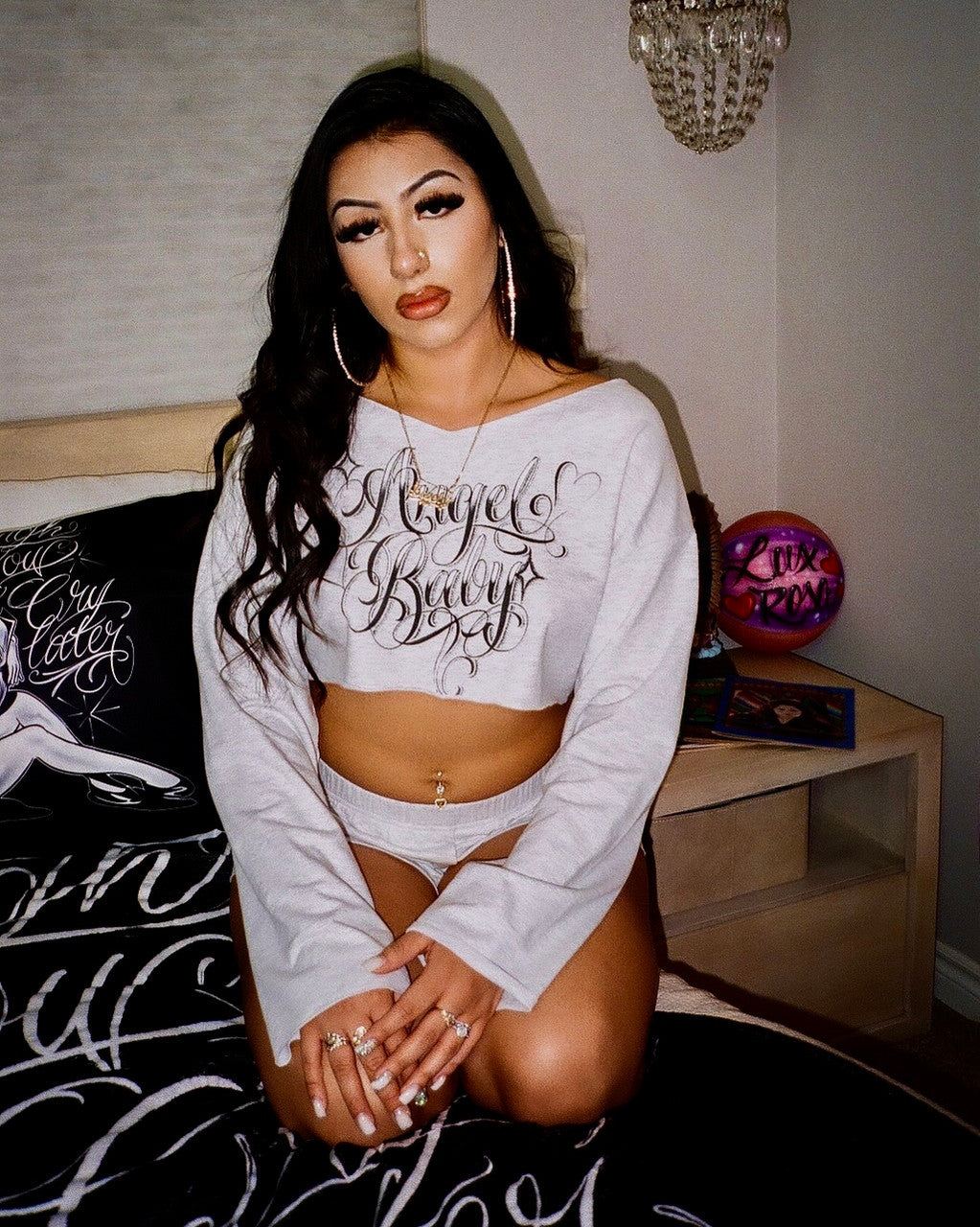 Limited Edition 'Angel Baby' Script Long Sleeve Crop Shirt  & Shorts Loungewear Set (Grey)