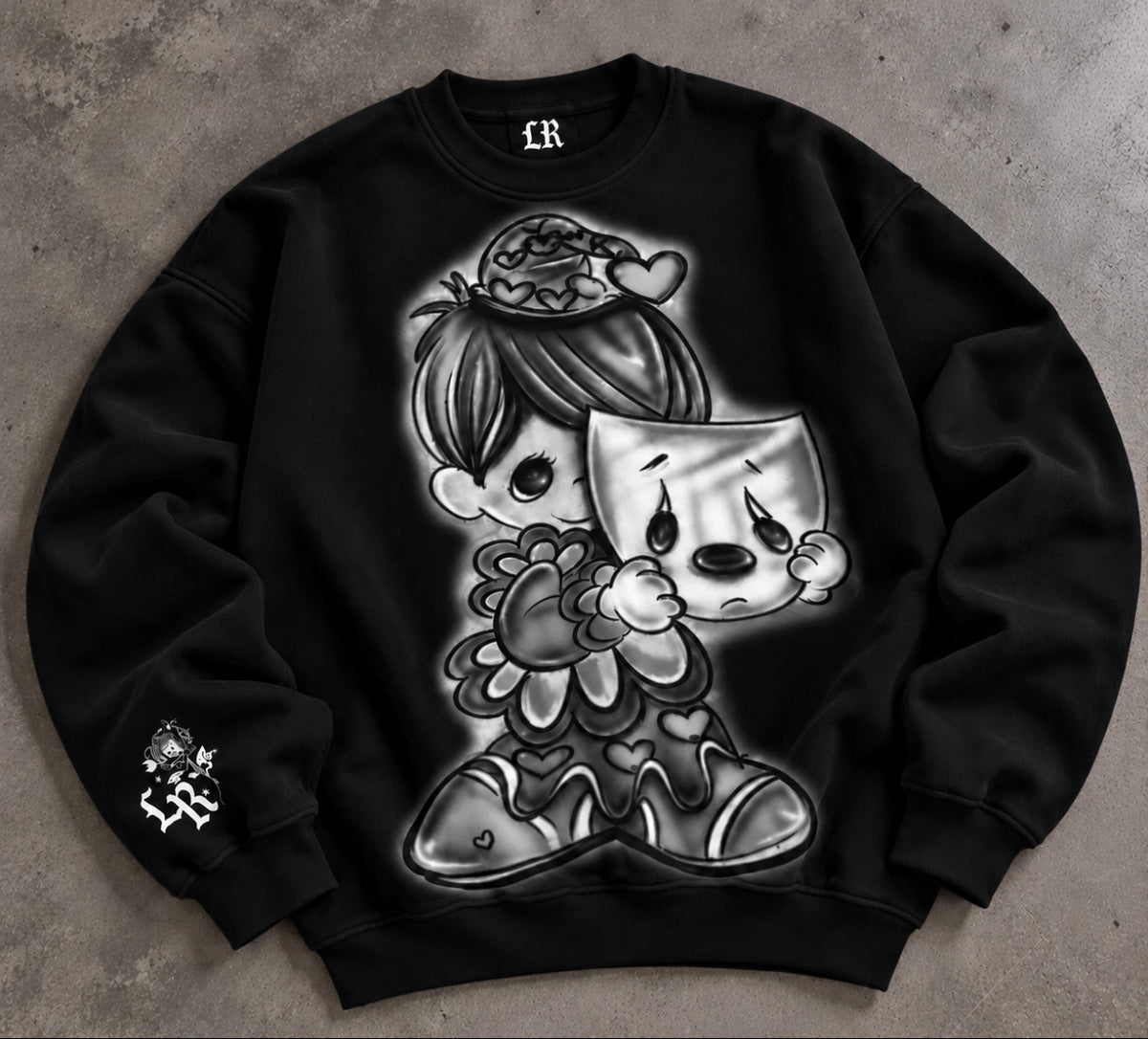 Limited Edition 'Laugh Now. Cry Later' PM Airbrushed Crewneck (Black)