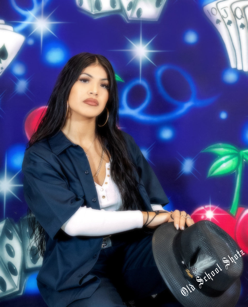 Early 2000s Y2K 'Play Your Cards Right' Dice Cherry Airbrush 90s Old School Star Shots Backdrop