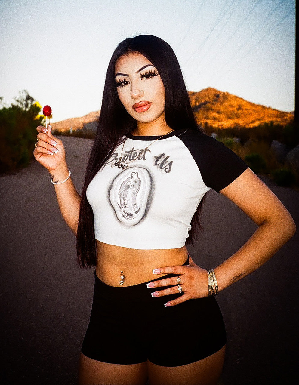 Limited Edition 'PROTECT US' Airbrush Cropped Baseball Tee (Black/White)