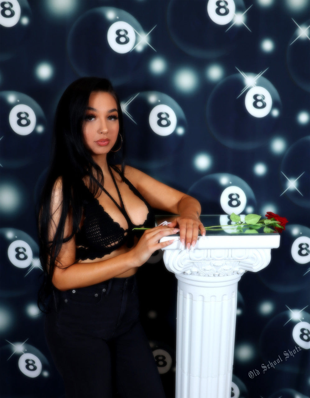 Glamour Shots Early 2000s Y2K 'Magic 8 Ball' Airbrush 90s Backdrop (BLACK) (Extra Large)