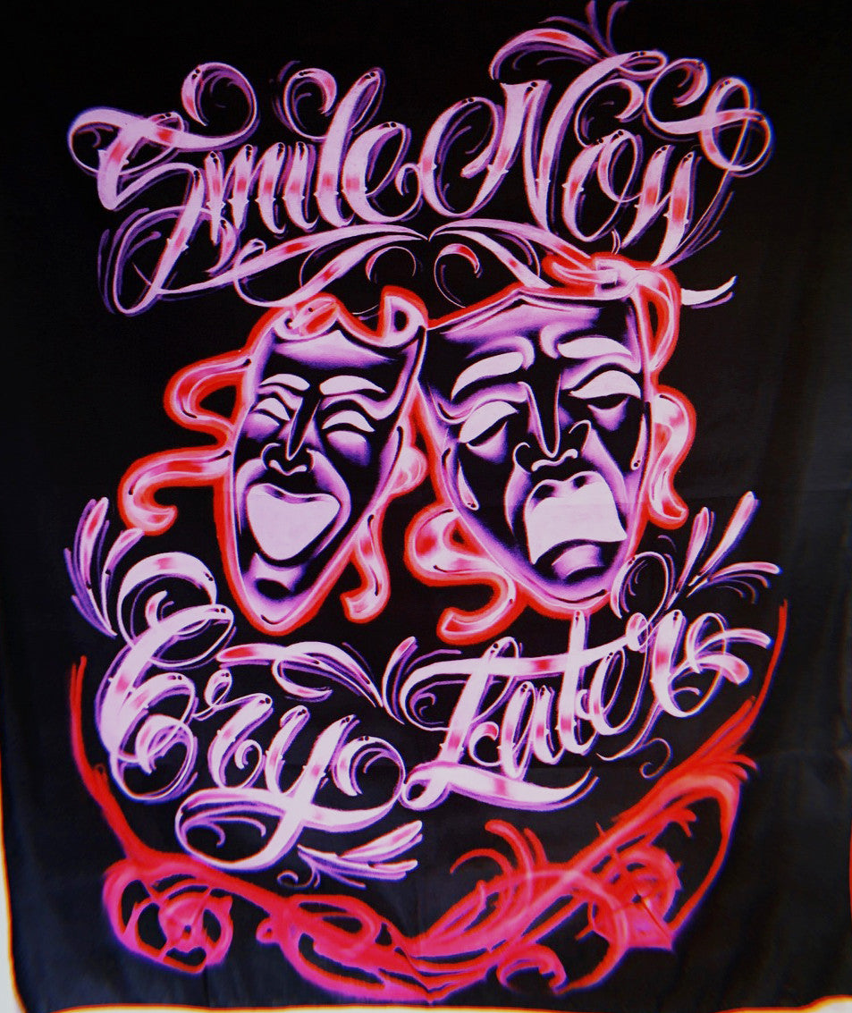 Smile Now, Cry Later Airbrushed Tapestry (Neon Purple/Neon Pink/Black)