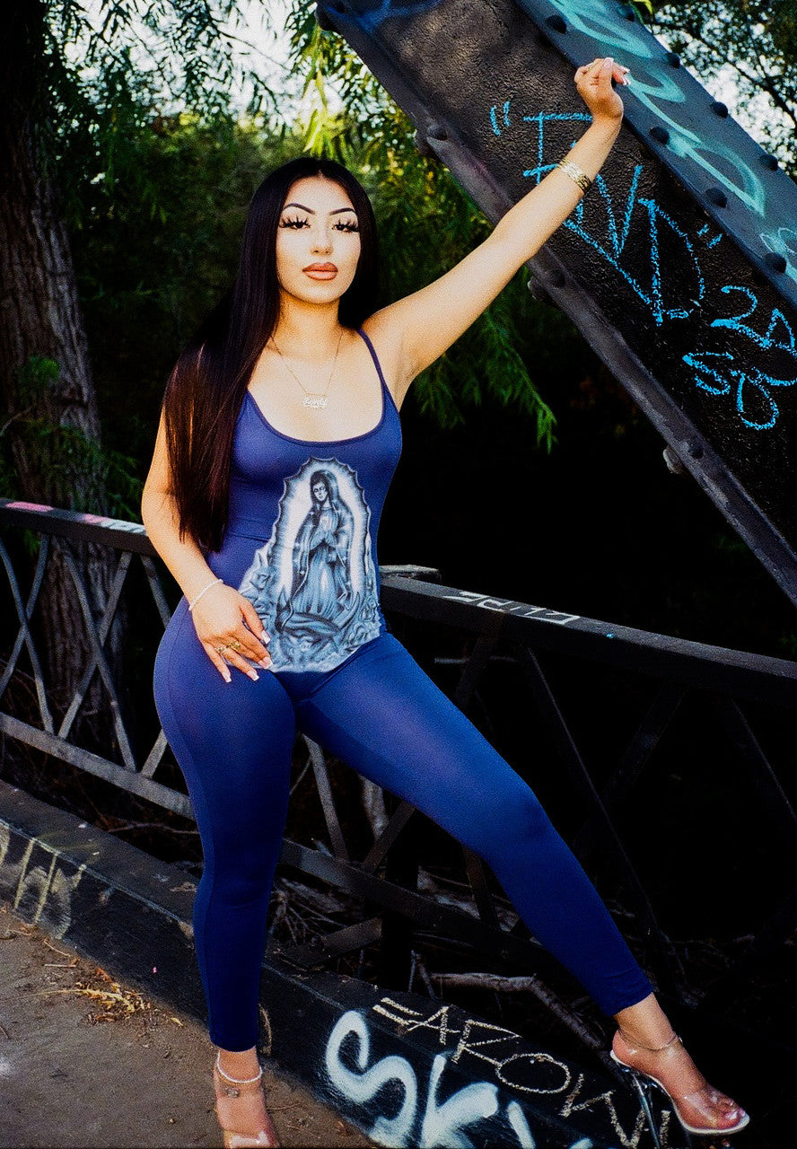 LIMITED EDITION 'OUR LADY' AIRBRUSHED TANK TOP ONE PIECE JUMPSUIT FULL LENGTH (BLUE/NAVY)