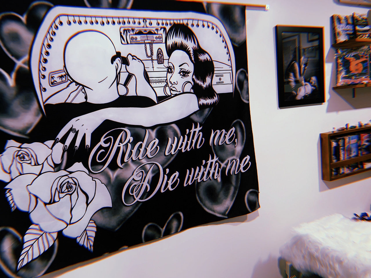 Ride With Me, Die With Me X Floating Hearts Airbrushed Tapestry (Black)