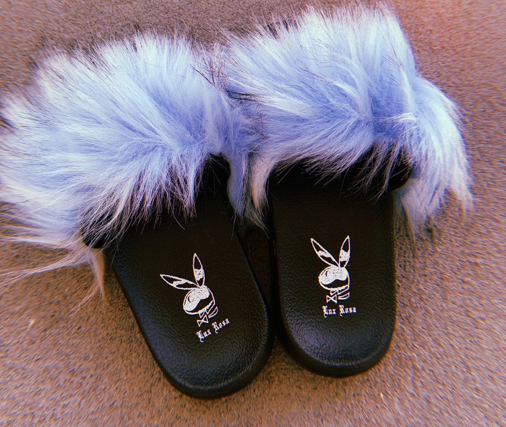 Lux Rosa Playgirl Faux Fur Slides (LIGHT BLUE)