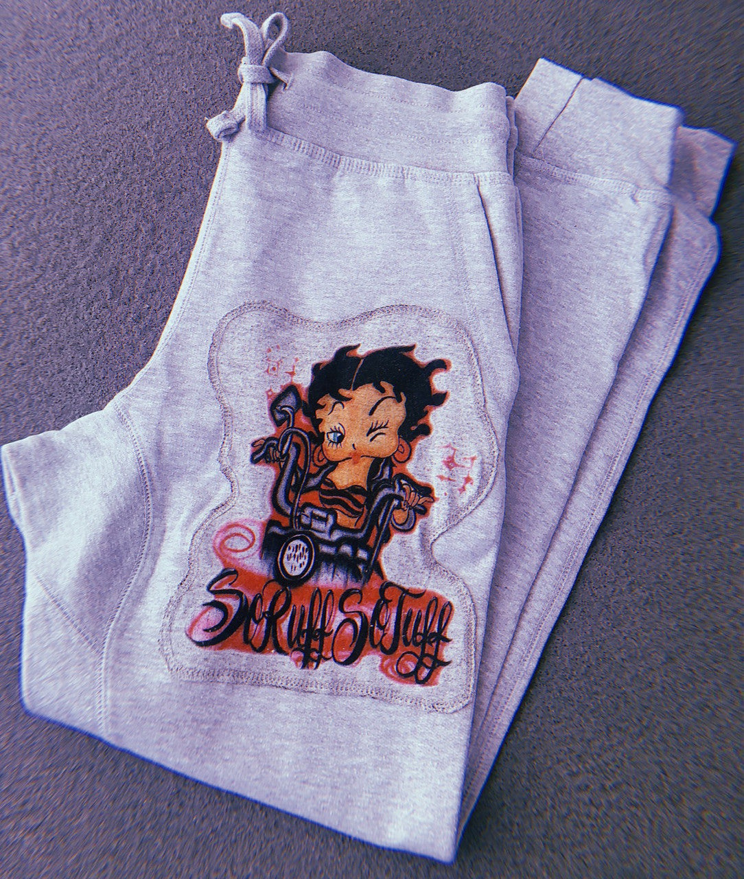 LR 'So Ruff So Tuff Betty' Custom Airbrushed  Embroidered Cut & Sew Fleece Joggers (Drawstring w/ pockets) GREY