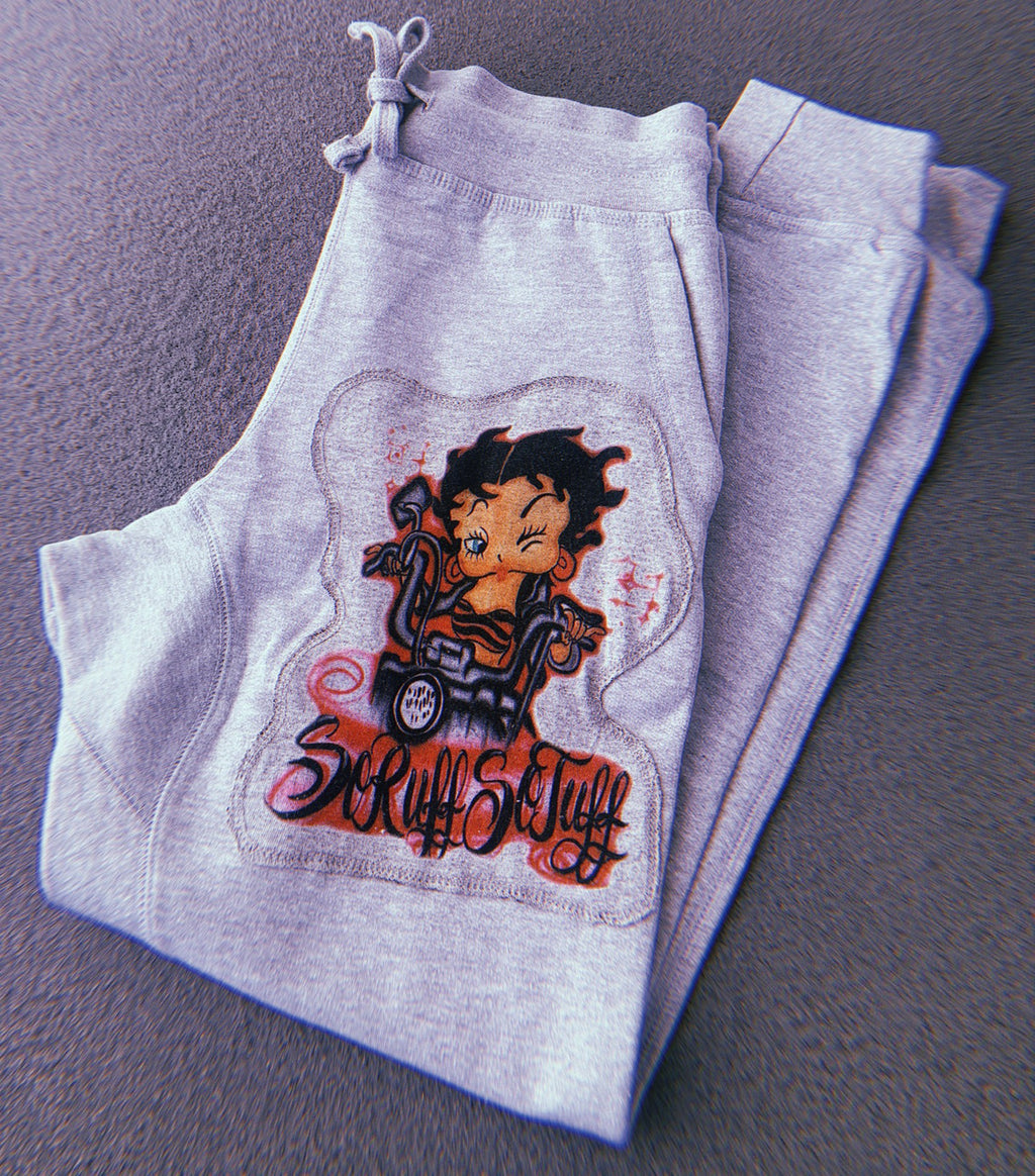LR 'So Ruff So Tuff Betty' Custom Airbrushed  Embroidered Cut & Sew Fleece Joggers (Drawstring w/ pockets) GREY
