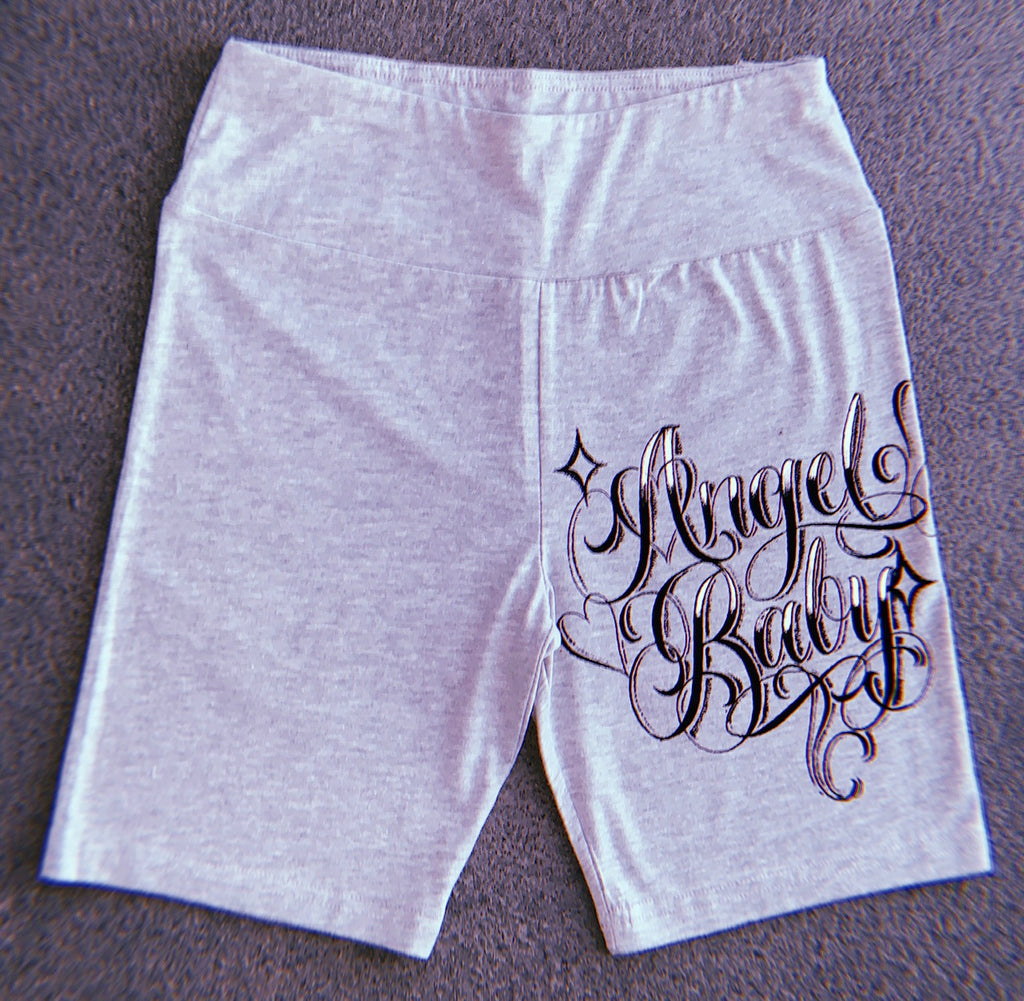 LR Cut & Sew 'Angel Baby' Airbrushed High Waisted Biker Shorts (Grey)