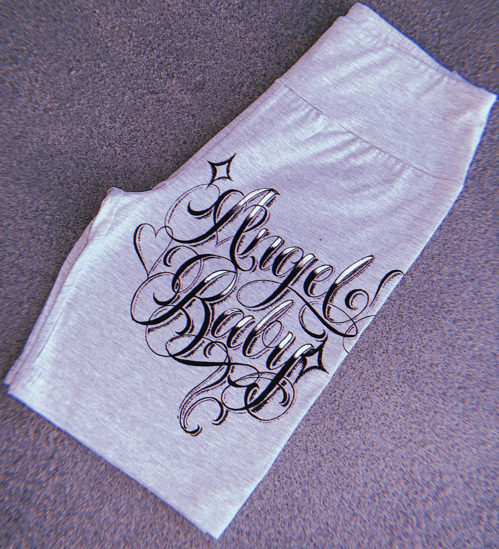 LR Cut & Sew 'Angel Baby' Airbrushed High Waisted Biker Shorts (Grey)