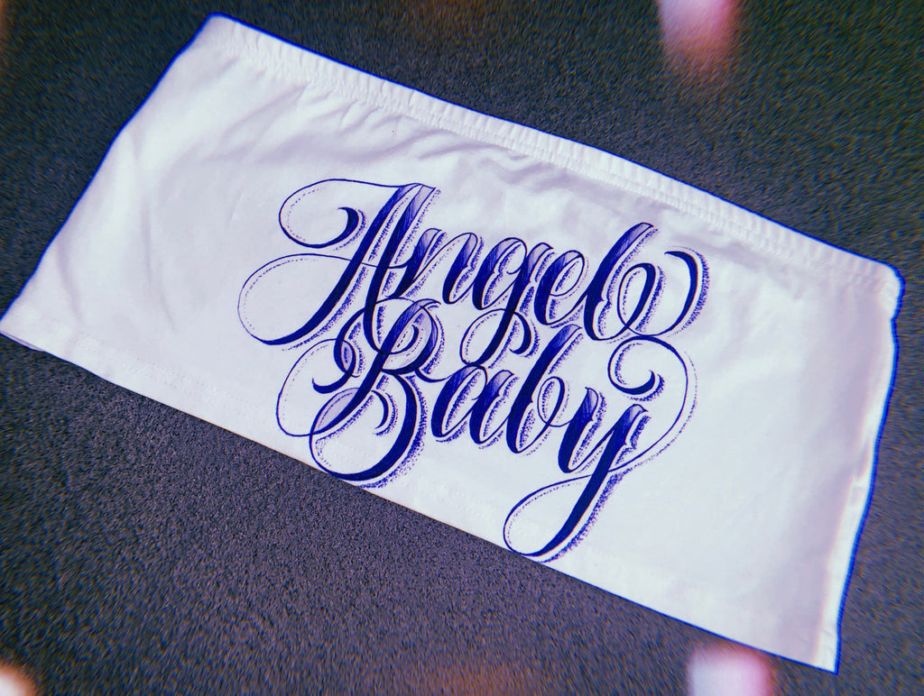 Angel Baby Script Tube Top (White/Blue)