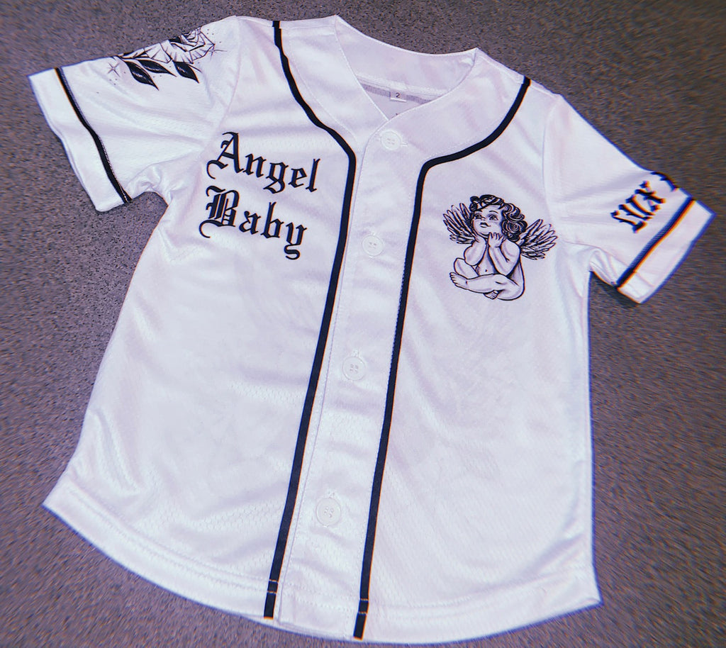KIDS 'Angel Baby' Cherub Pen and Ink Cut & Sew Baseball KIDS Jersey (White/Black)