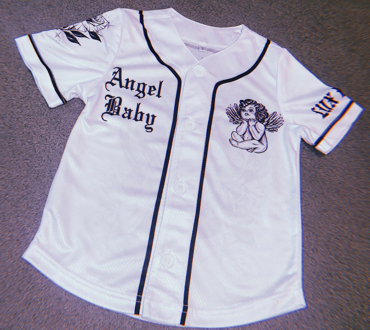 KIDS 'Angel Baby' Cherub Pen and Ink Cut & Sew Baseball KIDS Jersey (White/Black)