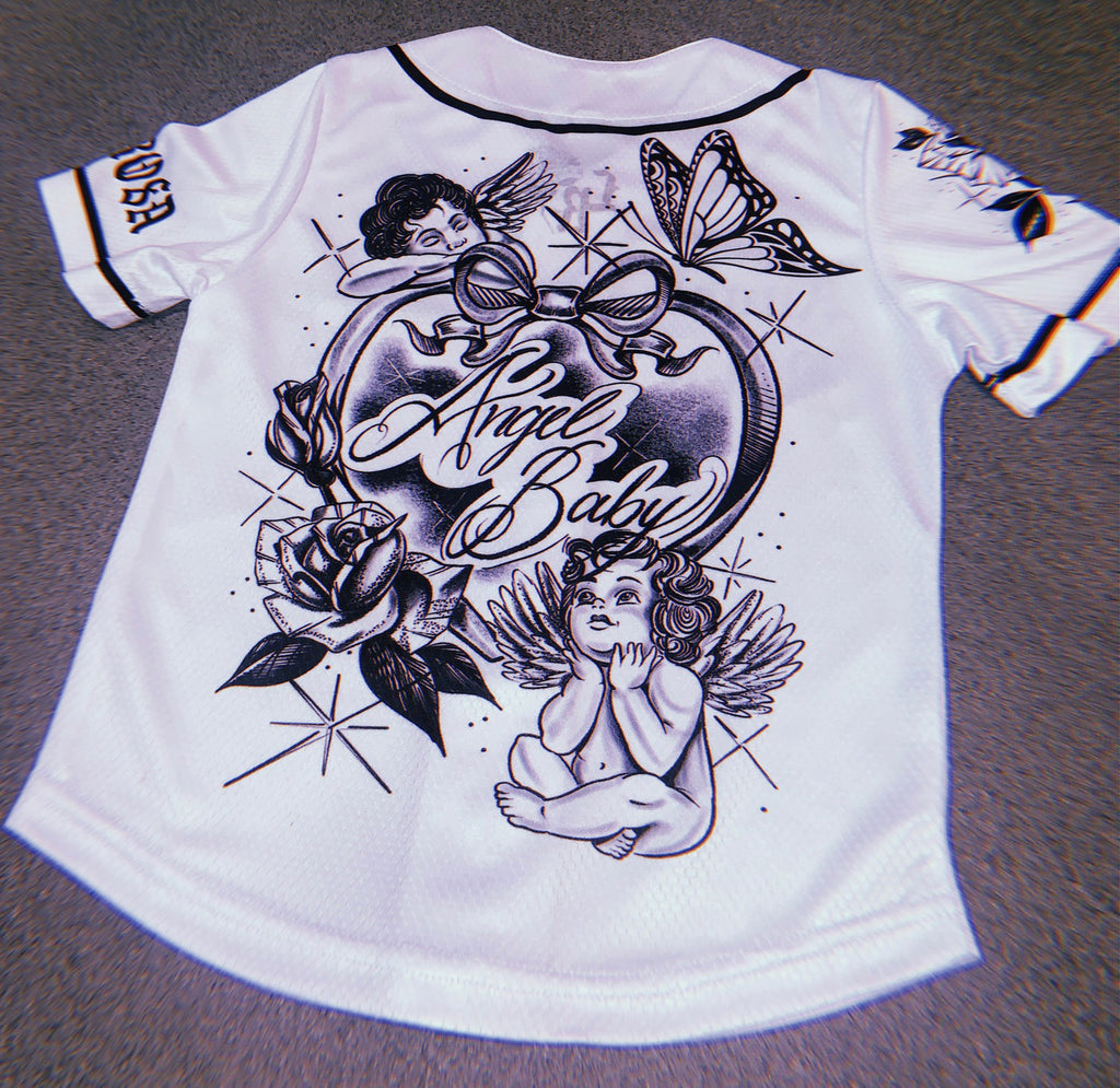KIDS 'Angel Baby' Cherub Pen and Ink Cut & Sew Baseball KIDS Jersey (White/Black)