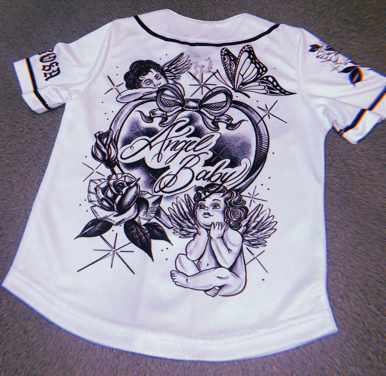 KIDS 'Angel Baby' Cherub Pen and Ink Cut & Sew Baseball KIDS Jersey (White/Black)