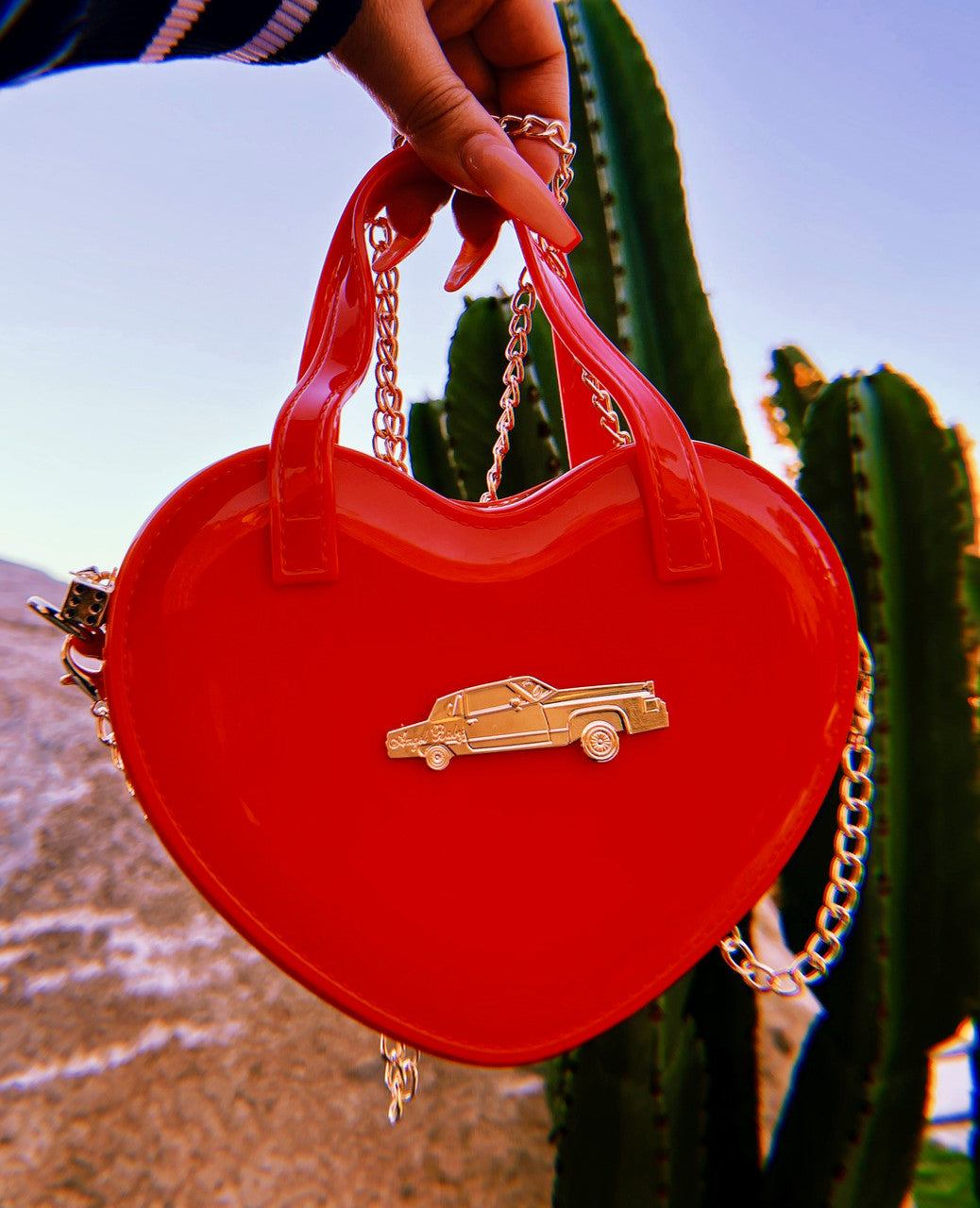 LIMITED EDITION Angel Baby Low Low Glossy Cross Body Chain Link Heart Handbag W/ 24K Solid Gold Dice Zipper Pull RED ((Limited Edition))