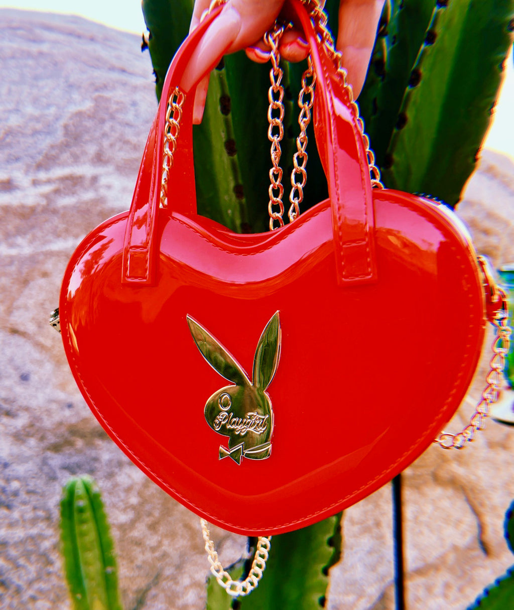 LIMITED EDITION Playgirl Glossy Cross Body Chain Link Heart Handbag W/ 24K Solid Gold Dice Zipper Pull RED ((Limited Edition))