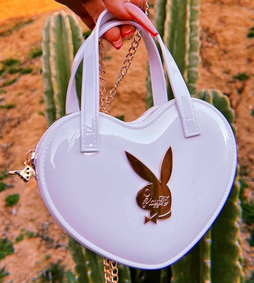 LIMITED EDITION Playgirl Glossy Cross Body Chain Link Heart Handbag W/ 24K Solid Gold Dice Zipper Pull WHITE ((Limited Edition))