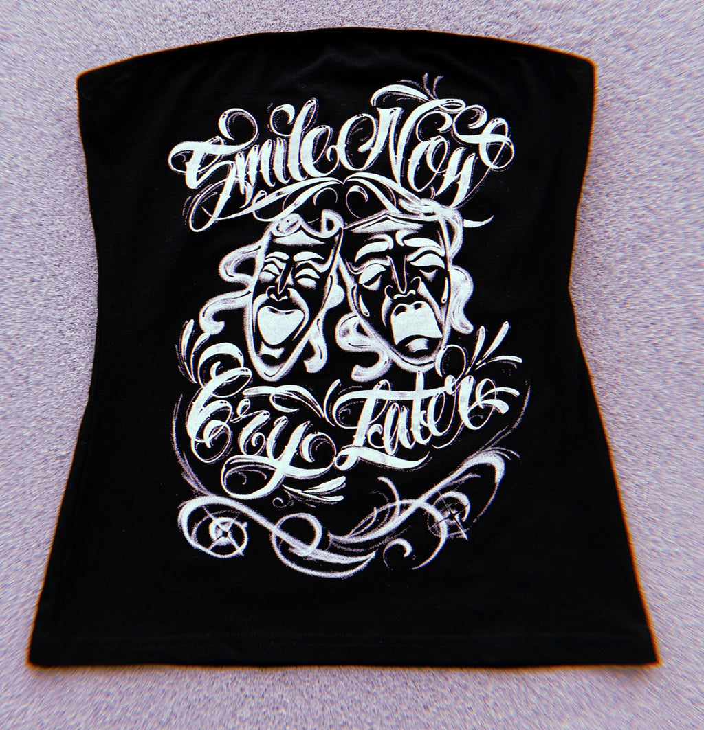 Smile Now, Cry Later' Airbrushed Tube Top BLACK/WHITE (Full Length) Black