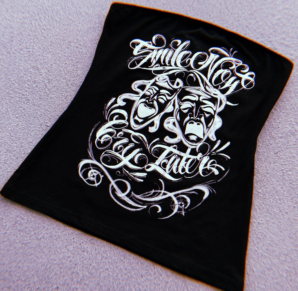Smile Now, Cry Later' Airbrushed Tube Top BLACK/WHITE (Full Length) Black