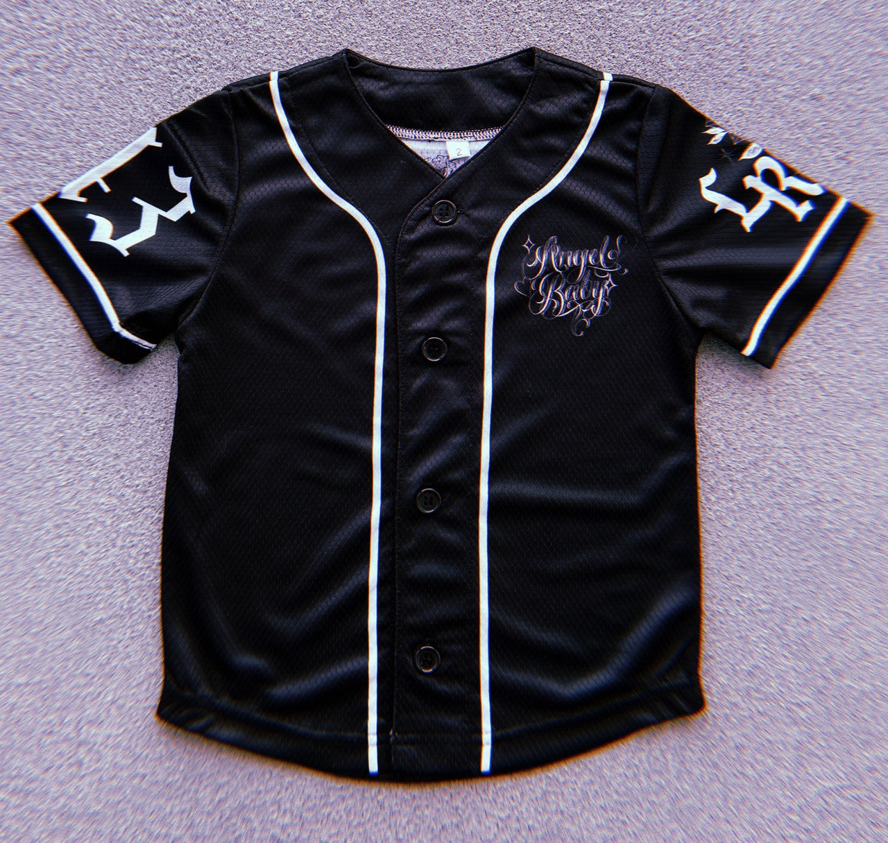 KIDS '143 Angel Baby' Black Script Pen and Ink Cut & Sew Baseball KIDS Jersey (BLACK)