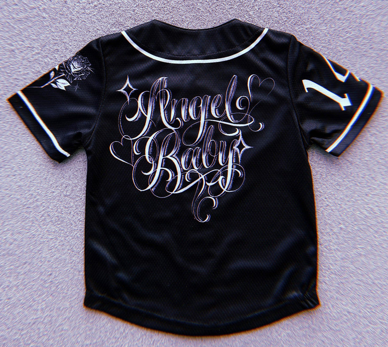 KIDS '143 Angel Baby' Black Script Pen and Ink Cut & Sew Baseball KIDS Jersey (BLACK)