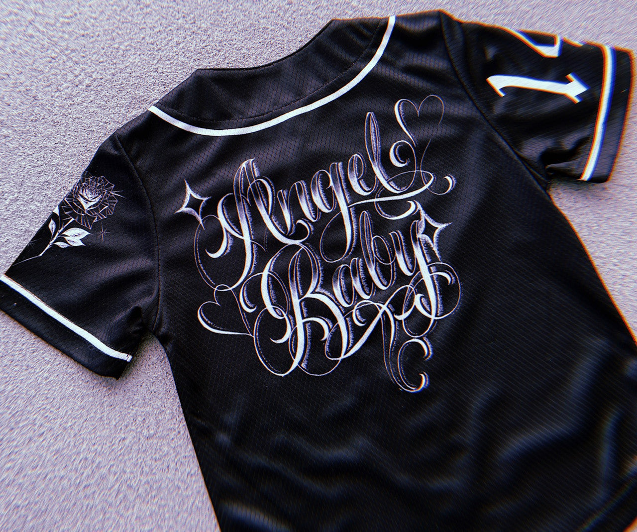 KIDS '143 Angel Baby' Black Script Pen and Ink Cut & Sew Baseball KIDS Jersey (BLACK)