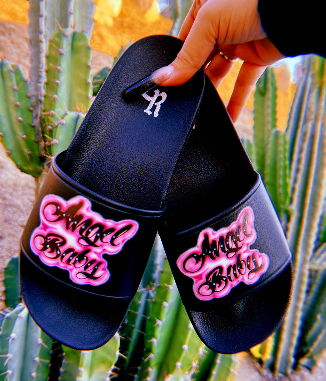 ANGEL BABY Airbrushed Slides (Black/Pink) *Limited Edition