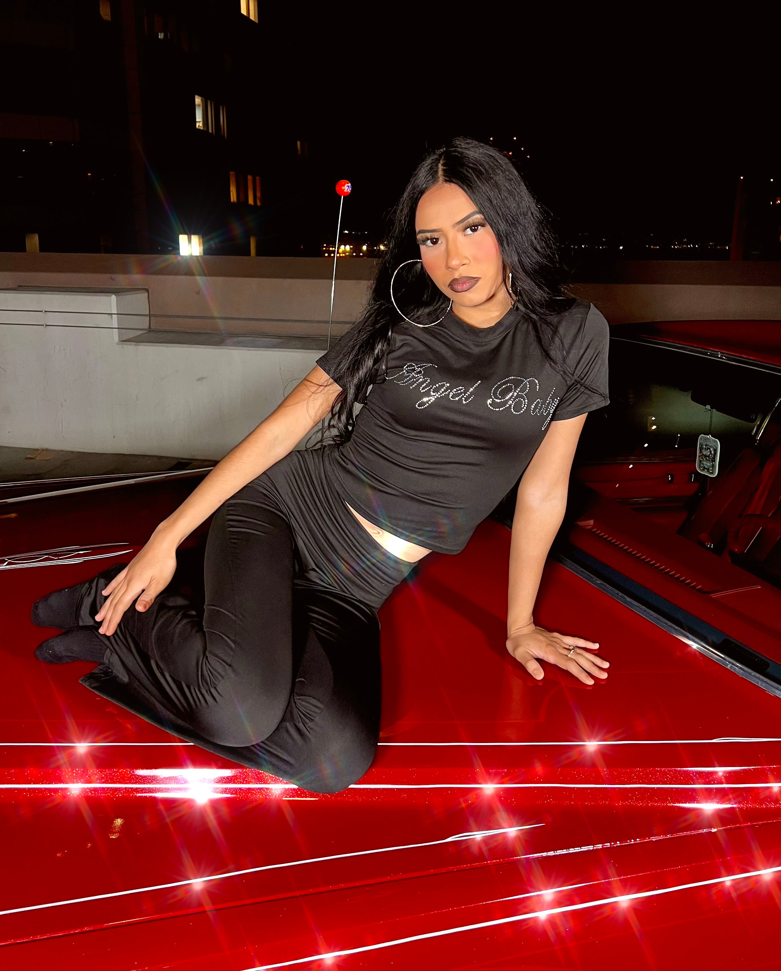 Limited Edition Rhinestone 'ANGEL BABY' Script Sparkle Short Sleeve Shirt & Leggings Loungewear Set (BLACK)