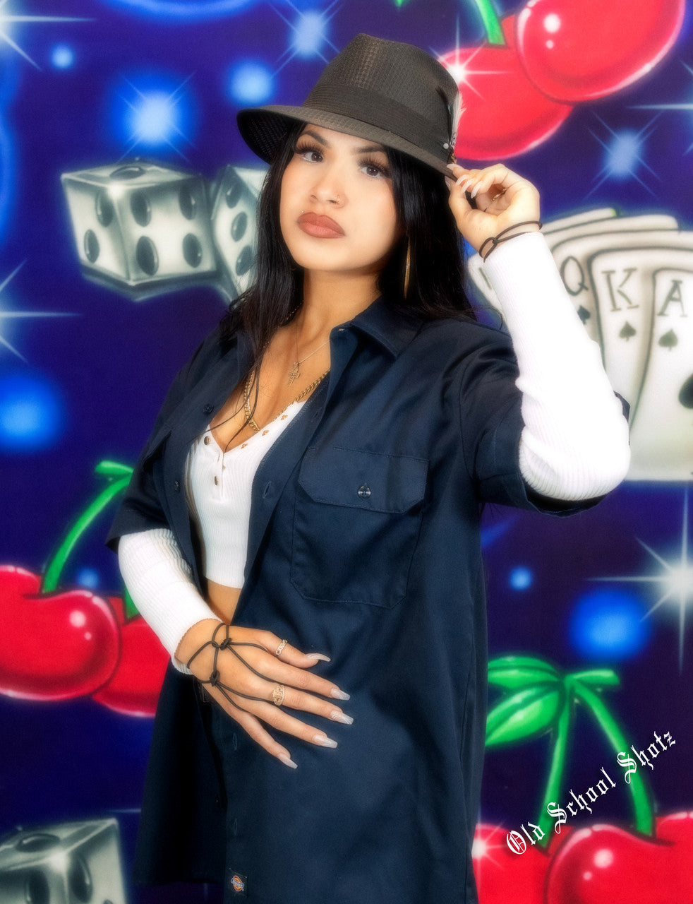 Early 2000s Y2K 'Play Your Cards Right' Dice Cherry Airbrush 90s Old School Star Shots Backdrop