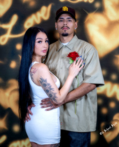Early 2000s Y2K 'Teenage Love' Airbrush Glamour Shots 90s Backdrop (BROWN/GOLD) (Extra Large)