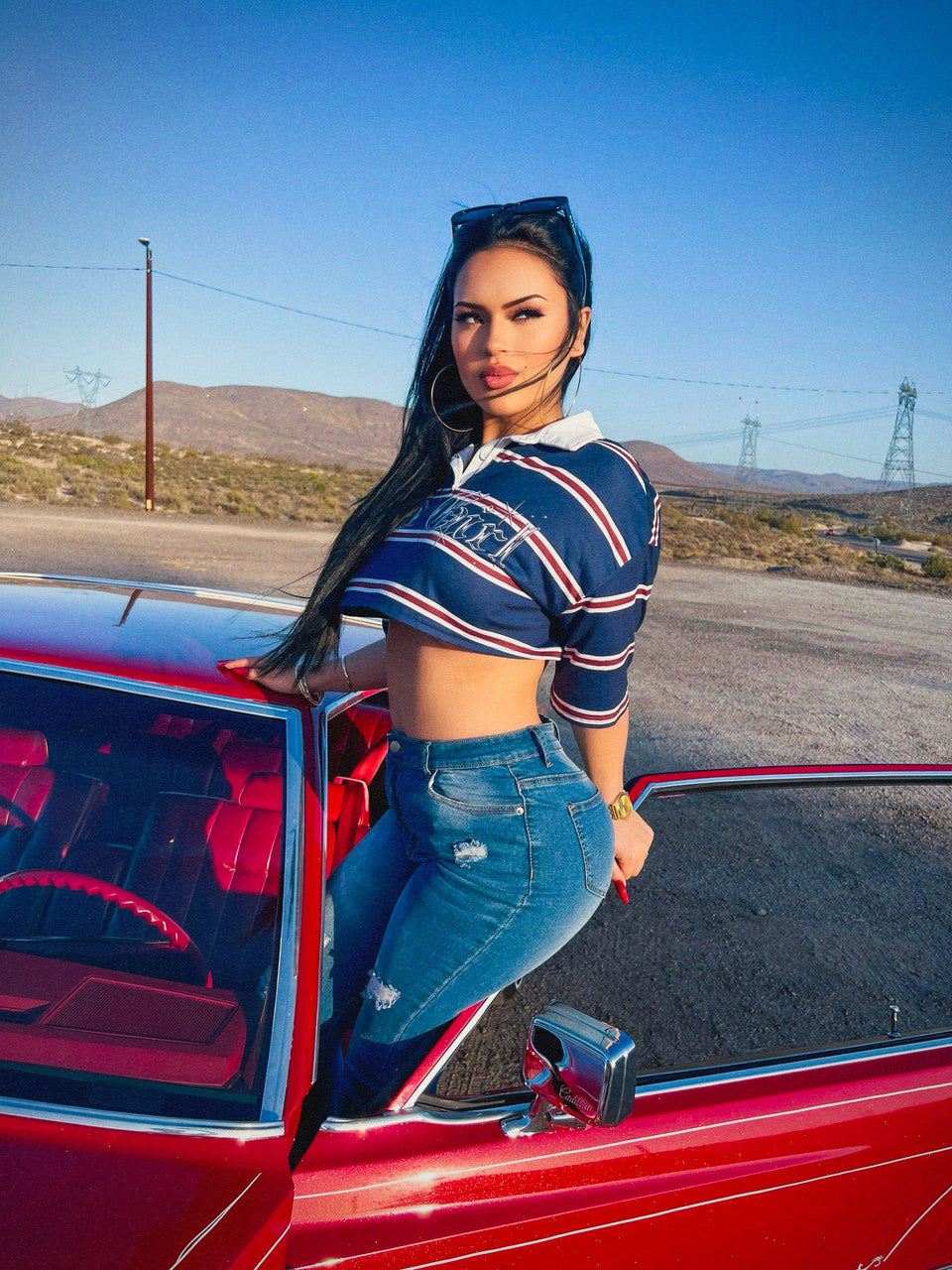 Limited Edition 'SAD GIRL' OE Custom Script Striped Cropped Rugby Shirt (Navy)