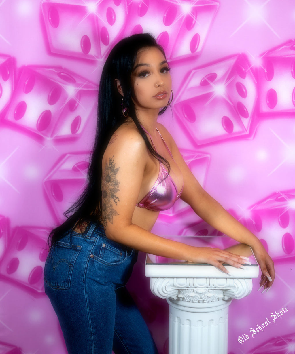 Early 2000s Y2K Airbrush 'LADY LUCK' Dice Glamour Shots 90s Style Backdrop (X-Large) PINK