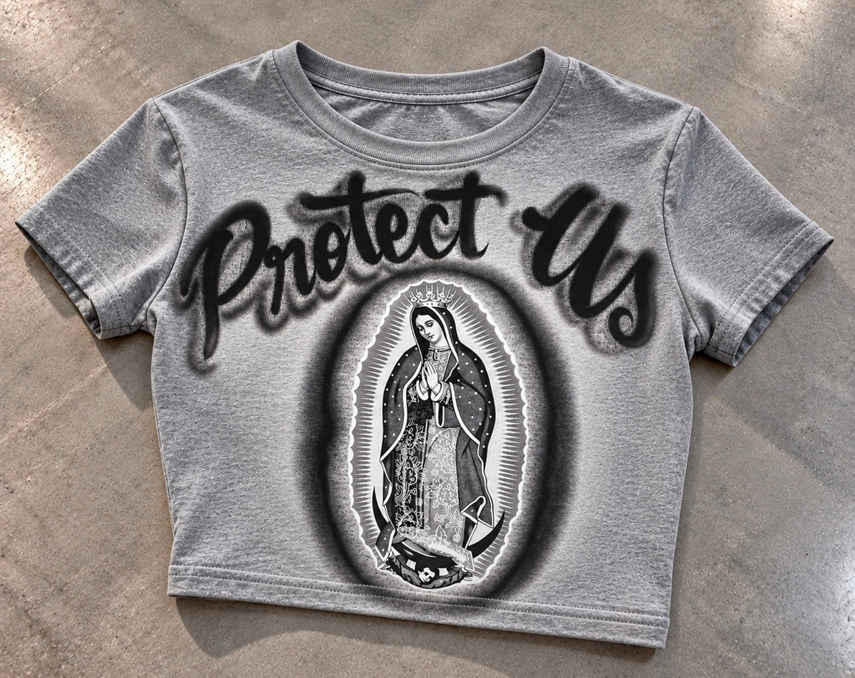 Limited Edition 'Protect Us' Airbrush Baby Doll Crop Tee (Grey)
