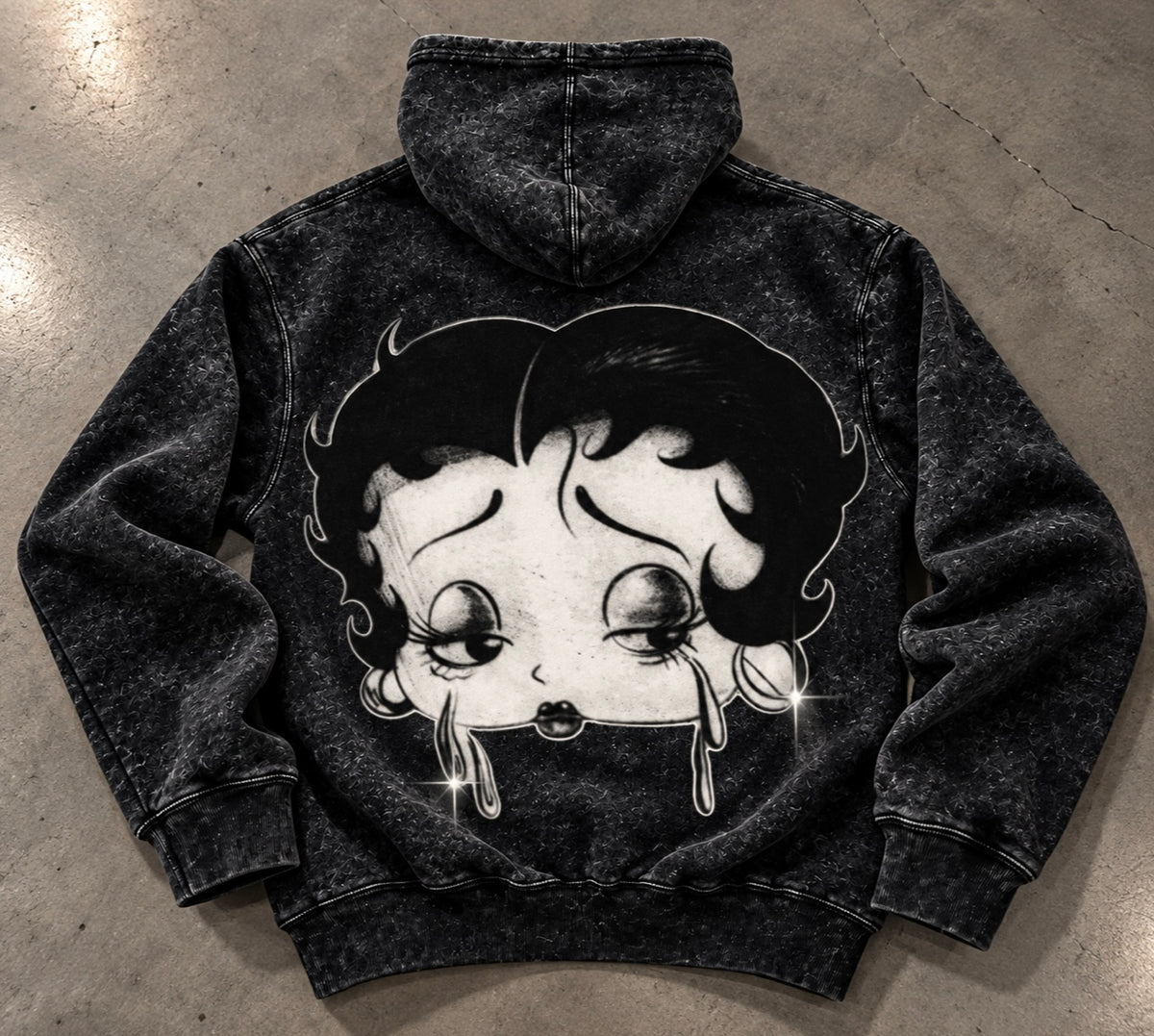 Limited Edition 'CRY BABY BOOP' Ultra Premium Heavy Mineral Washed Pullover Hoodie (MINERAL WASHED BLACK)