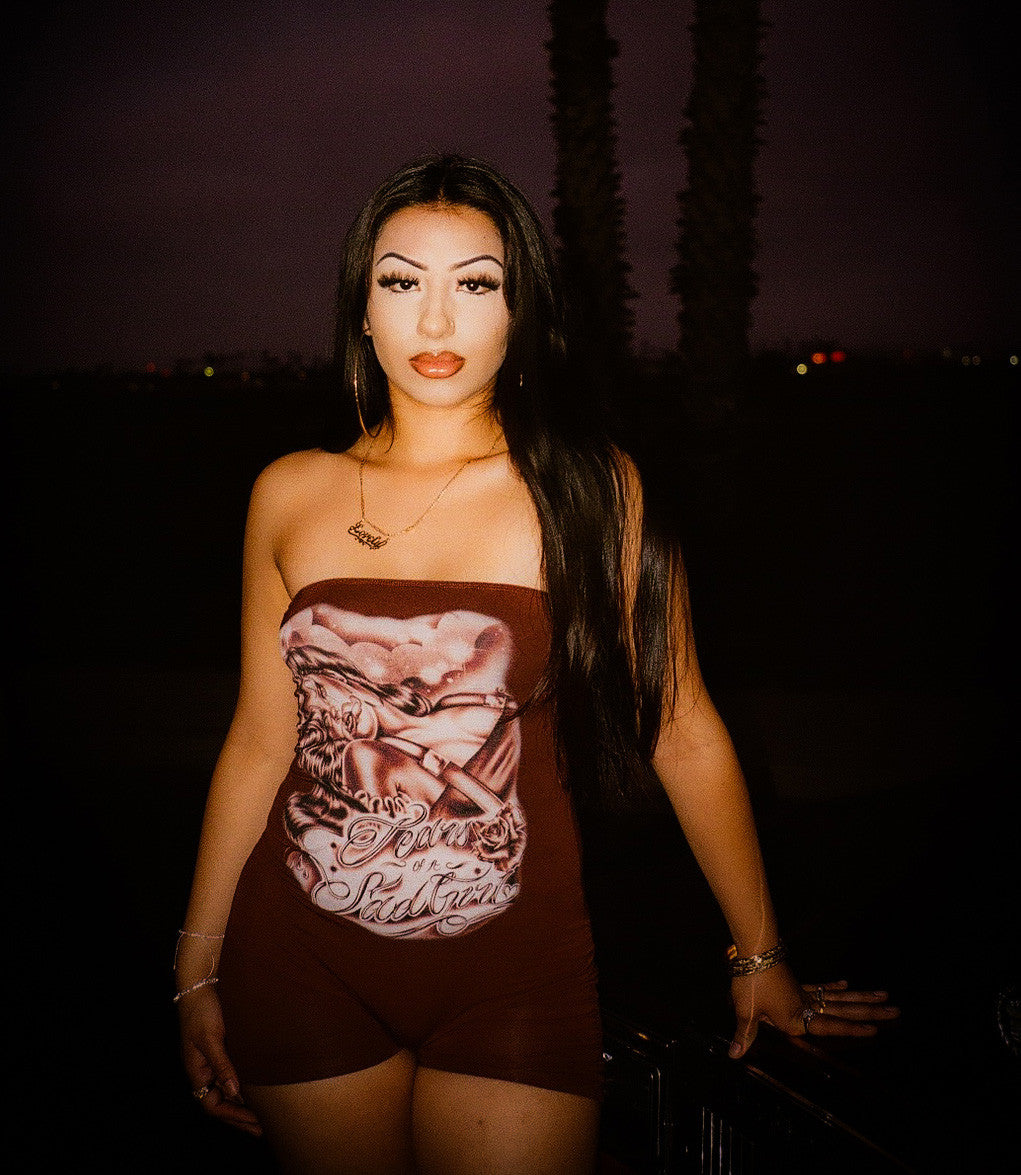 LIMITED EDITION 'TEARS OF A SAD GIRL' PEN & INK ONE PIECE TUBE TOP ROMPER (Brown/Tan)