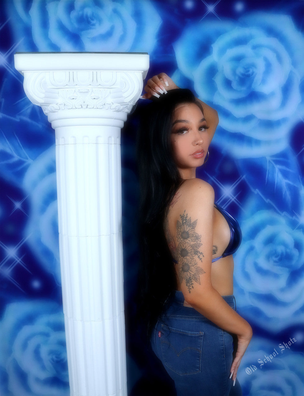 Glamour Shotz Y2K Early 2000s Backdrop 'Give Me My Flowers' Airbrush 90s Backdrop (BLUE DREAM) (Extra Large)