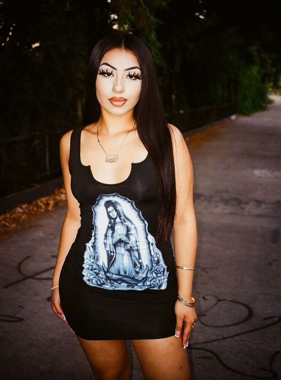 LIMITED EDITION 'OUR LADY' AIRBRUSH V-NECK MINI DRESS (Black/Midnight Blue)